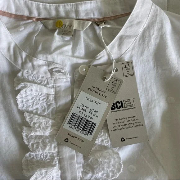 Boden Sleeveless Embroidered Shirt White Ruffle Button Down Cotton US 8 NWT - Picture 3 of 9